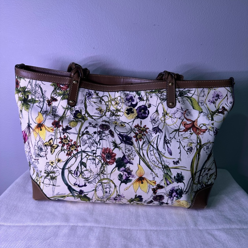 Gucci Floral Tote Bag - White and Brown - Picture 2 of 14